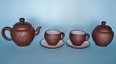 Old Chinese Yixing Teapot, 2 Cups & Saucers + Sugar Bowl Terracotta Zisha Marked