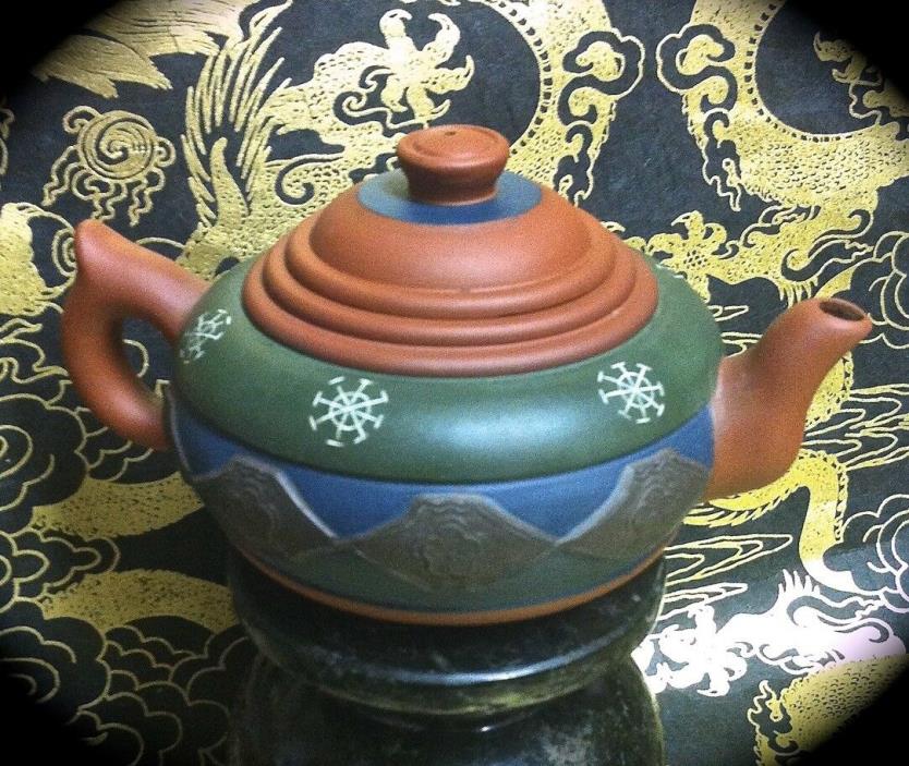 4 INCH DIAMETER VINTAGE CHINESE YIXING CLAY TEAPOT RED GREEN & BLUE ZISHA WARE