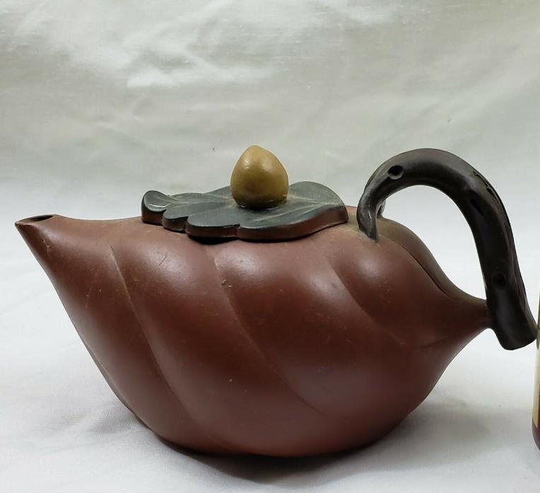 Chinese Yixing Clay Teapot 3.5'' Tall With Leaf Top and Faux Branch Handle