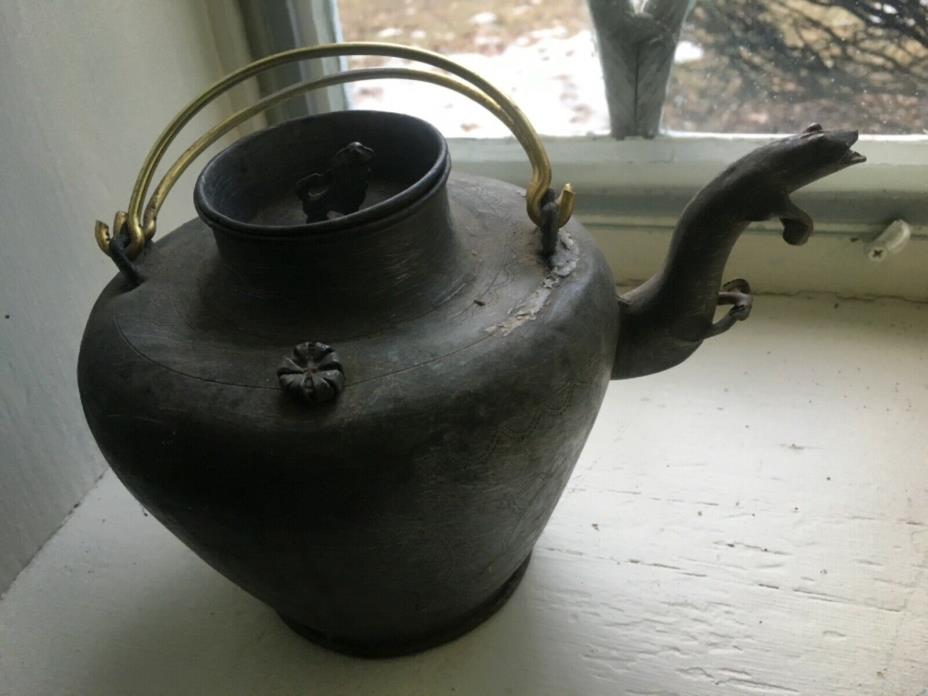 Antique Chinese Pewter Tea Pot Unique Spout and Lid 5 1/2” tall