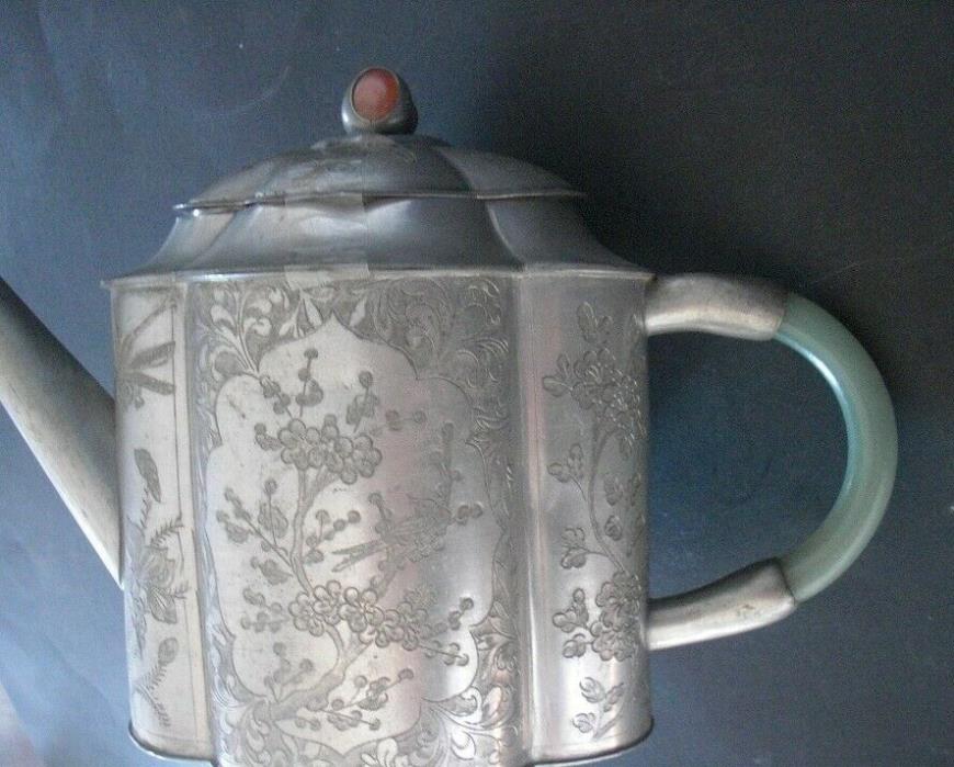 Chinese antique teapot carved inlaid jade pot