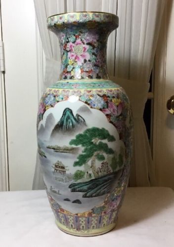 Large Vintage 18” Chinese Hand Painted Landscape Porcelain Vase w/Red Stamp
