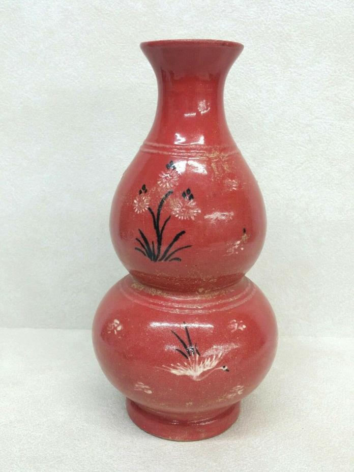 Chinese Red Double Gourd Porcelain Vase Cranes