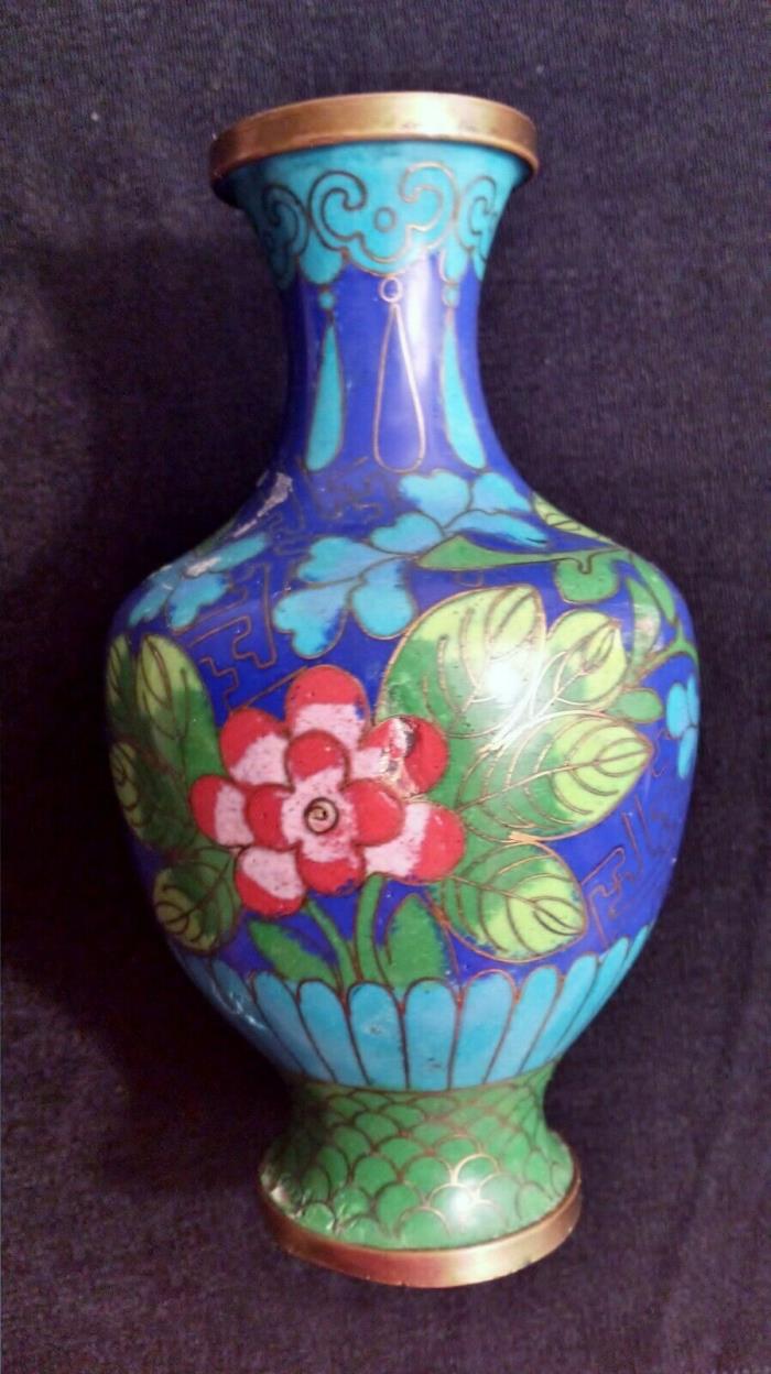 Antique Chinese Blue Green Cloisonné Brass Vase /Flowers and Leaves  Antique