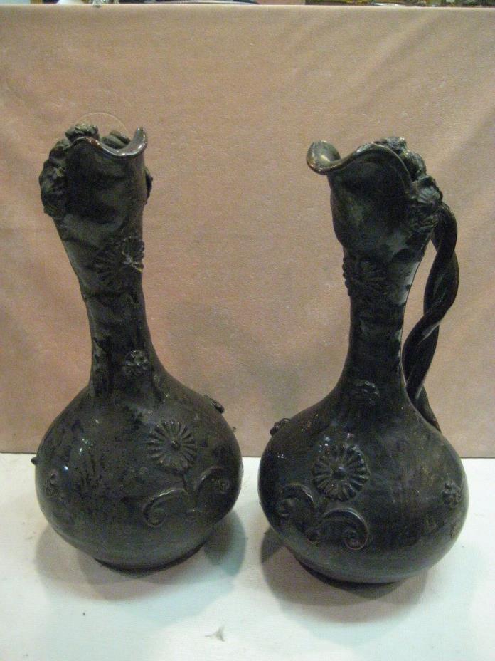 RARE ASIAN PAIR OF POTTERY EWERS