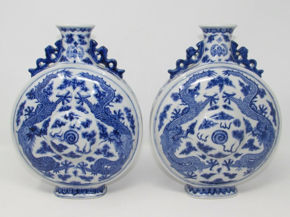 PAIR OF ANTIQUE Large Chinese Blue & White Porcelain Dragon Moonflask QIANLONG