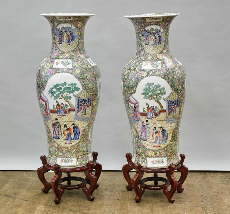 Pair Massive Chinese Porcelain Enameled Vases 52 1/4'' W/ Wood Stands