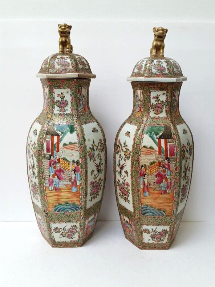 Antique Pair of Chinese Cantonese Porcelain Hexagonal Vases with Lids