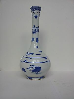 Antique Hand Painted Chinese Blue and White Bottle Neck Vase