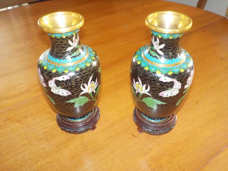 Beautiful Pair (2) Vintage Chinese Cloisonne Vases, Butterfly, Flowers