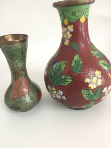 2 Cloisonne Brass Vase Vintage China Asian Floral Flower