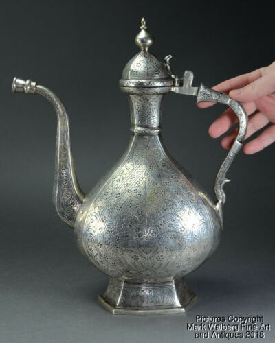Indian Mughal Silver Ewer, Fine Engraved Floral Designs, 17th to 18th Century