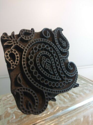 Vintage Wooden CARVED Textile/Fabric Printing Block India Deep Relief Paisley