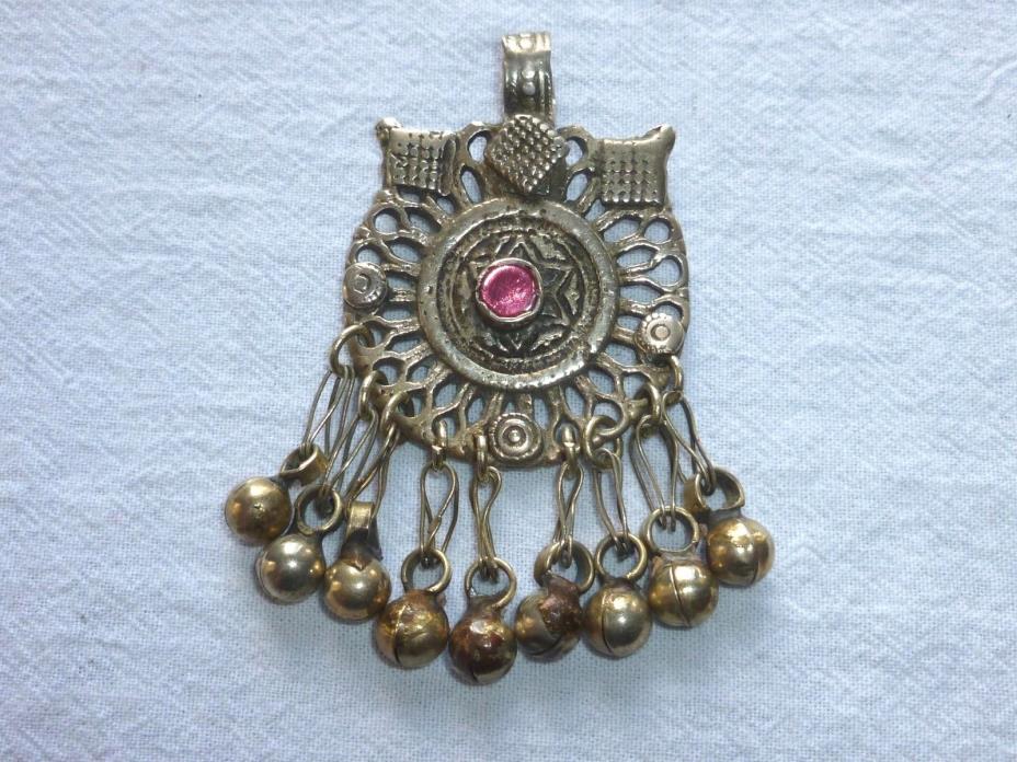 Antique Pendant for Necklace - Red Glass Inlay in Brass with Dangling Beads