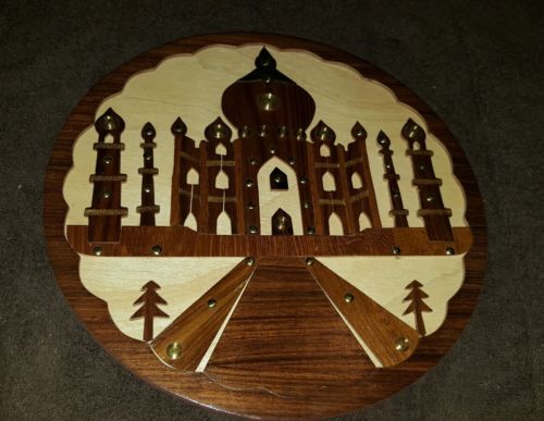 Vtg TAJ MAHAL Carved Wood Wooden Art Plaque India brass and wood 11.5