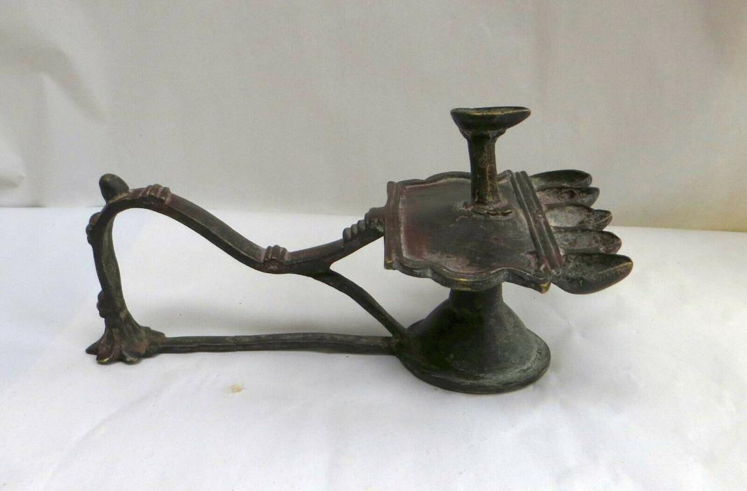 Antique Bronze/Brass Indian Hand Held Holy Temple Aarti Oil Lamp