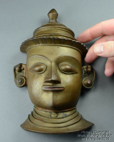 Small India Indian Bronze Mask with Hat, Hand Chased Features, 19th Century
