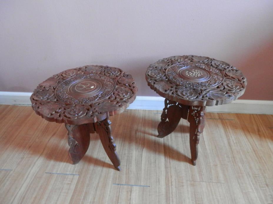 2 Vintage Hand Carved & Inlaid Teak Tables Folding Plant Stand  15