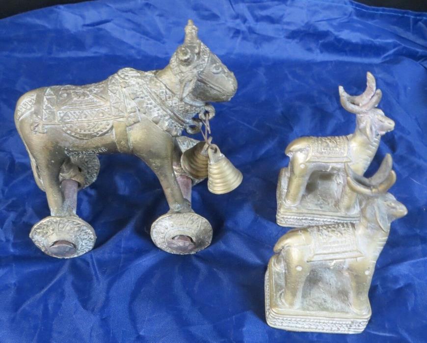 Lot of Vintage India Made Figural Brass Cow on Wheels and Deer Wax Seals