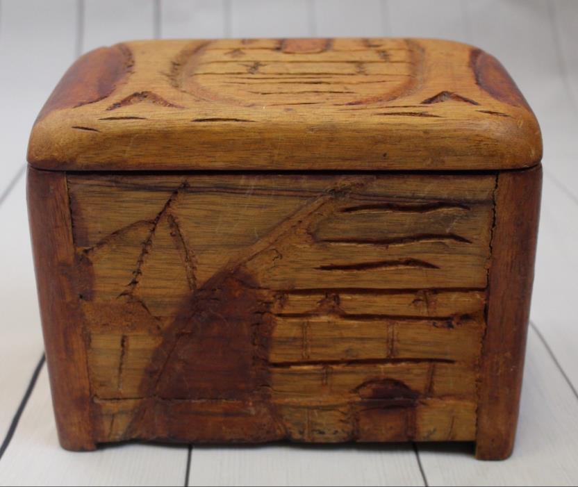 Vtg Antique Jewelry Trinket Box 8.5x6.5x5 Hand Carved Wooden Story Telling Old