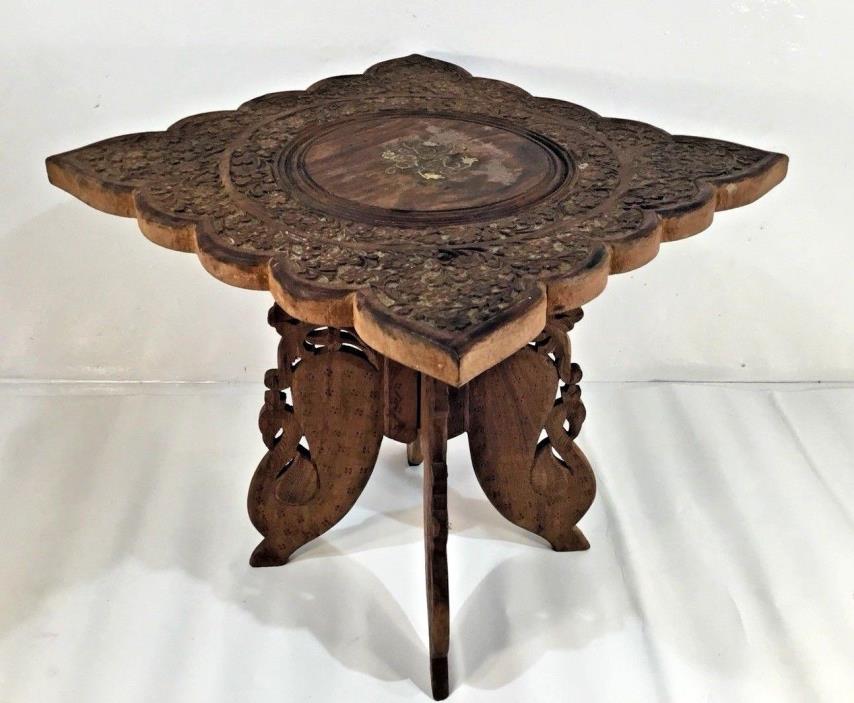 VINTAGE INDONESIA WOOD HAND CARVED SIDE TABLE TEAK WITH INLAY 15