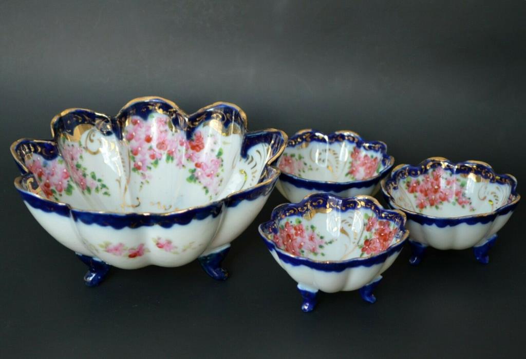 Set of 4 bowls Japan porcelain hand painted flow blue footed fruit nut dishes