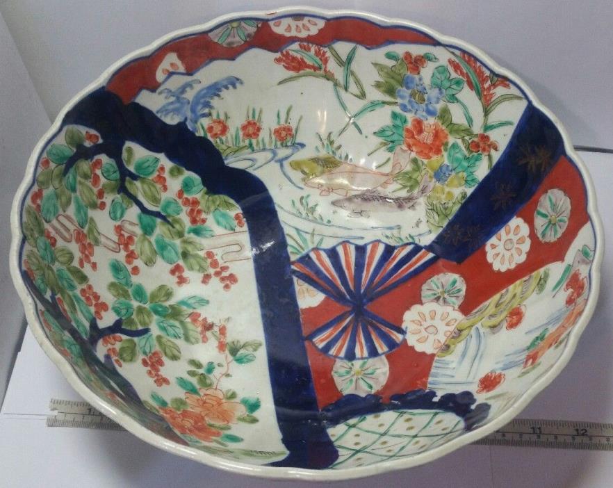 Large Japanese Antique Imari Pottery Serving Bowl. Scalloped Edge. Fish & Floral