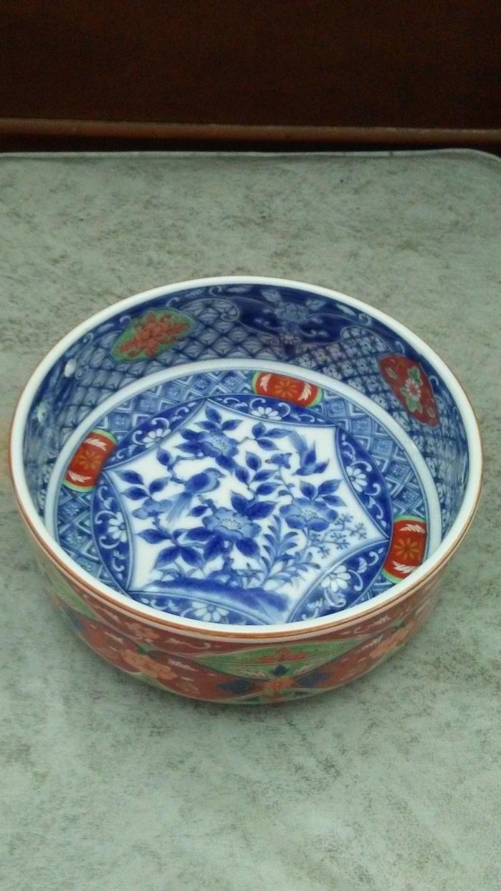 IMARI- JAPAN- SIGNED- PORCELAIN BOWL- HAND PAINTED FLOWERS- COLORS +BLUE &WHITE