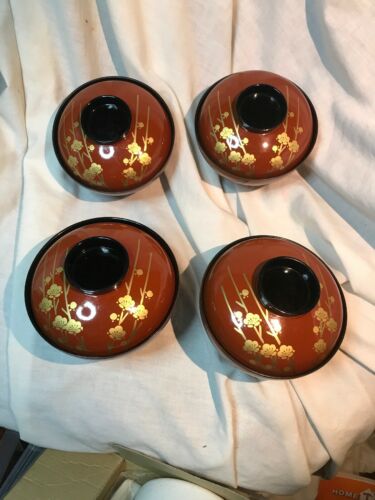 Japanese Vintage Red lacquer ware Makie wooden Soup Bowl 4 Pc. Set Gold Flowers