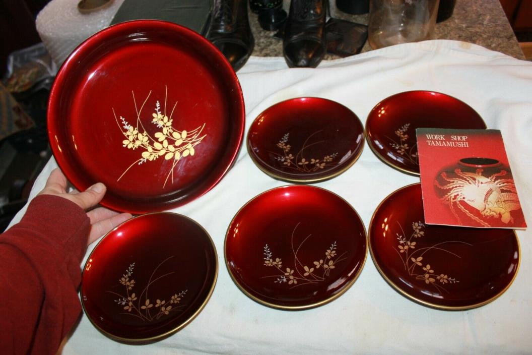 Japanese Vintage lacquer ware 6 Piece bowl set red black gold floral Tamamushi