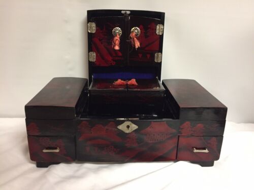Antique VTG Black Lacquer Musical Jewelry Box Asian Hand Painted Drawers Mirror