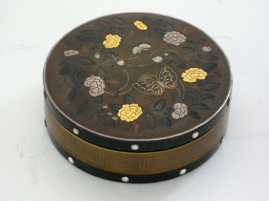 JAPANESE BRONZE & MIXED METAL butterfly COVERED BOX MEIJI 1880 signed