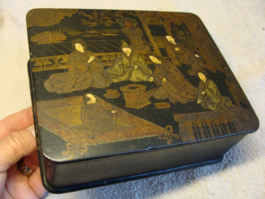 Antique BLACK Japanese Makie LACQUER Wood Decoration INLAID DETAILED ARTWORK OLD