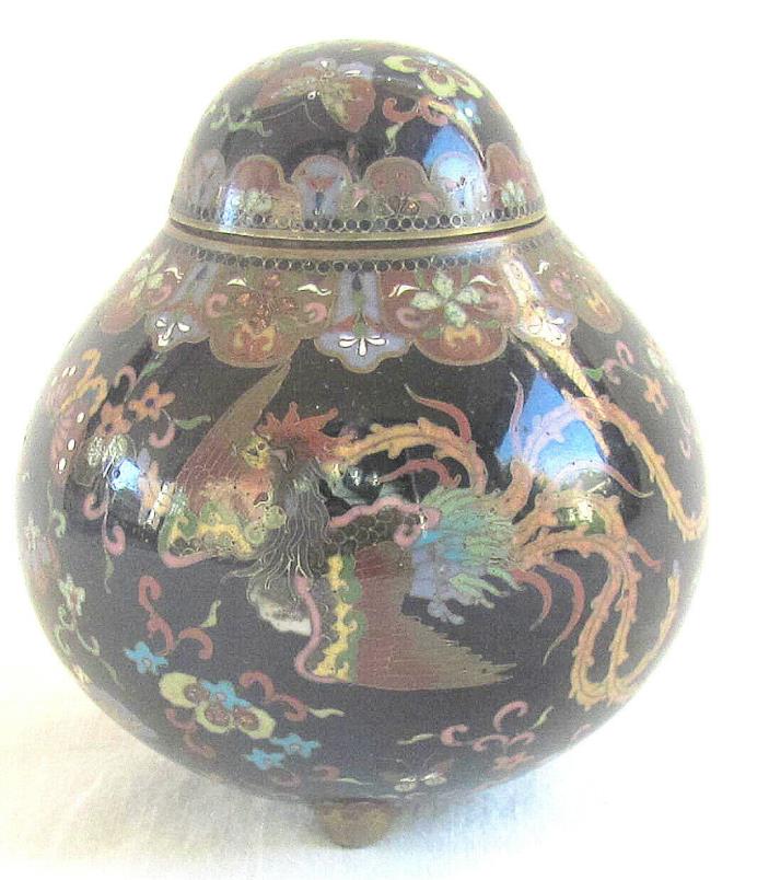 Small Meiji Cloisonne Covered Jar w/Phoenix and Butterflies