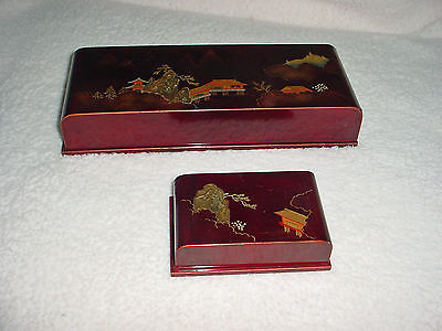 ANTIQUE JAPANESE SET JEWELRY BOXES RED LACQUER MOTHER PEARL Pagoda Bird Mtn Exc!