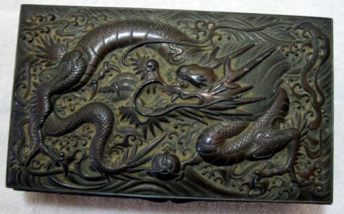 Large Heavy Signed Antique Japanese Metal Box Depicting A Dragon In High Relief