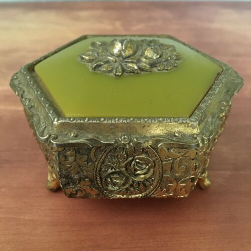 Antique JAPAN Metal Miniature Jewelry Trinket Box Golden w/ Green Inlay ROSES