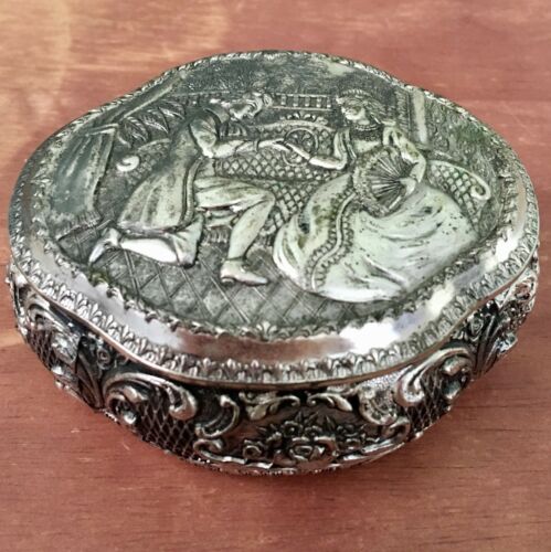 Antique JAPAN Metal Miniature Jewelry Trinket Box Silvertone Courting Suitor