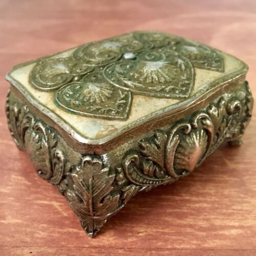Antique JAPAN Metal Miniature Jewelry Trinket Box Silvertone Hearts Seashells