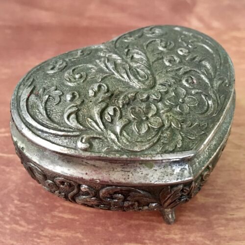 Antique JAPAN Metal Miniature Jewelry Trinket Box Silvertone HEART-SHAPED