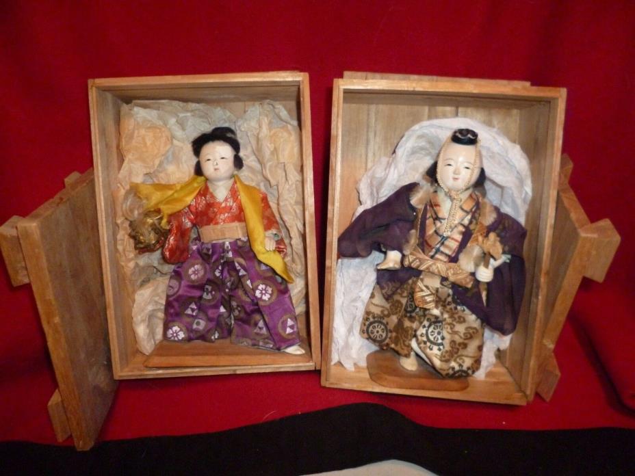 ANTIQUE JAPANESE THEATER PERFORMERS ORIGINAL WOOD BOXES & DISPLAY STANDS