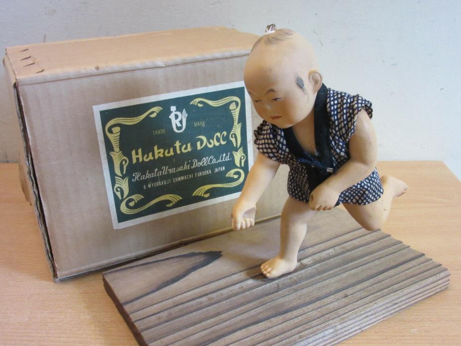 Vintage 1950's Japanese Hakata Urasaki Doll figure on wooden stand w/ box