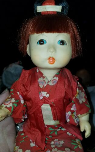 Ichimatsu Doll Japanese Vtg reddish hair Gofun Silk red Kimono Baby girl child
