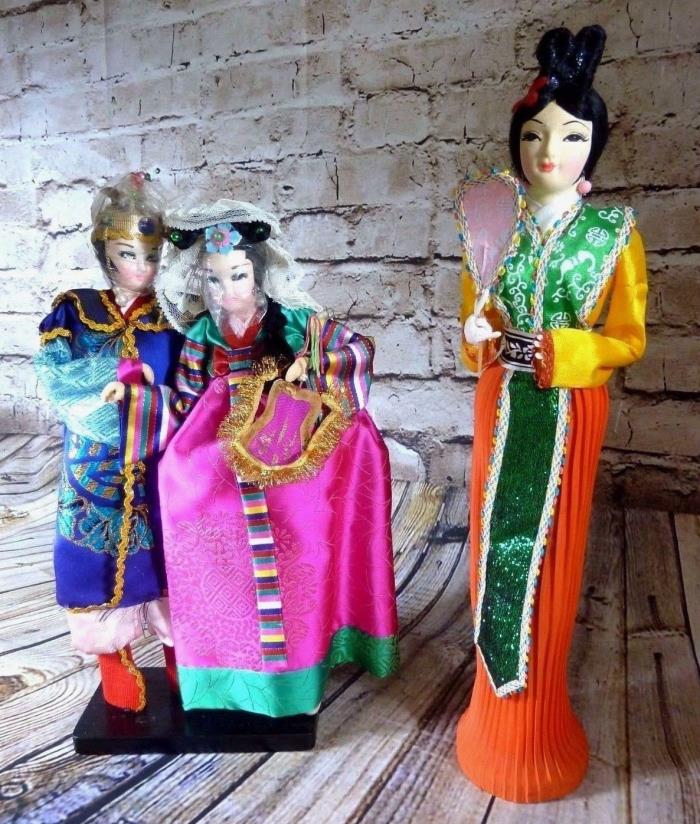 RARE Lot of 3 Asian Oriental Japanese Dolls Emperor Empress Geisha Madam Okasan
