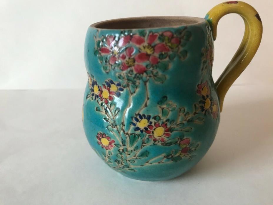 Vintage Kinkozan Japanese Satsuma Enameled Porcelain Cup Turquoise