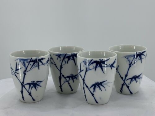Set of 4 Old Japanese Blue and White Hand Painted Teacups