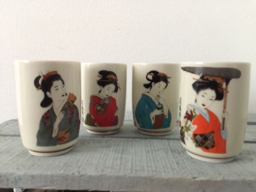 4 Japanese Sake or Tea Cups Geisha Girls Porcelain 3.25