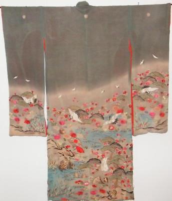 ANTIQUE Vintage SILK Embroidered ORIENTAL Japanese TURTLE Kimono ROBE - 3 crests