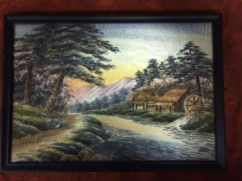 Old Fine JAPANESE SILK River EMBROIDERY TAPESTRY PAINTING