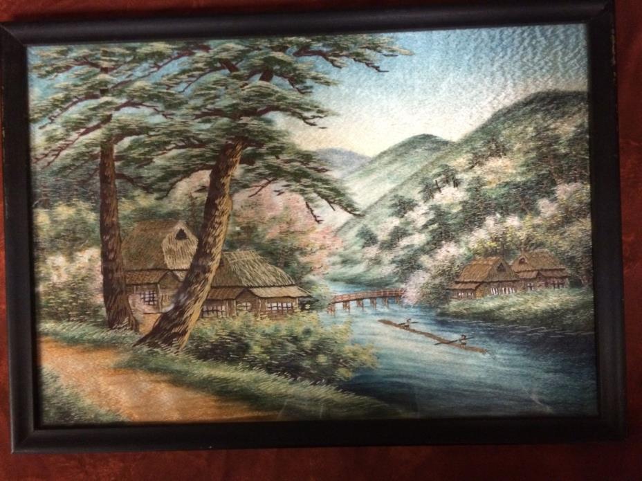 Old Fine JAPANESE SILK Bridge & Houses EMBROIDERY TAPESTRY PAINTING